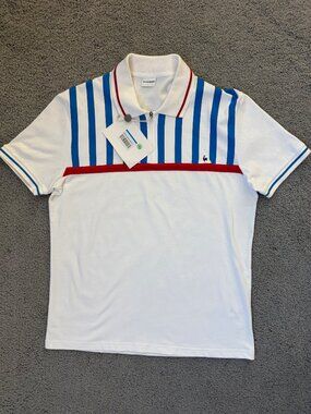 Le Coq Sportif NWT Stripe Quarter-Zip Tennis Polo Shirt White Blue Red L